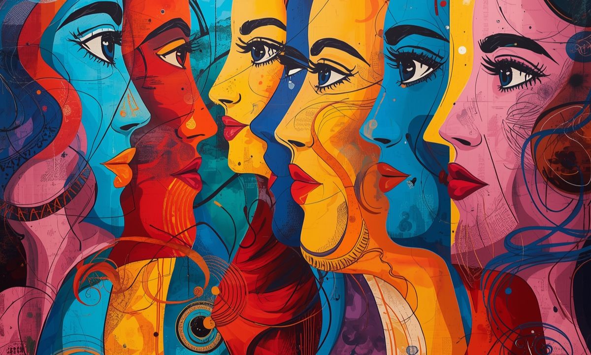 An artistic image of the outline of feminine faces of all colors (yellow, blue, pink red,) interconnected and looking at each other in different directions