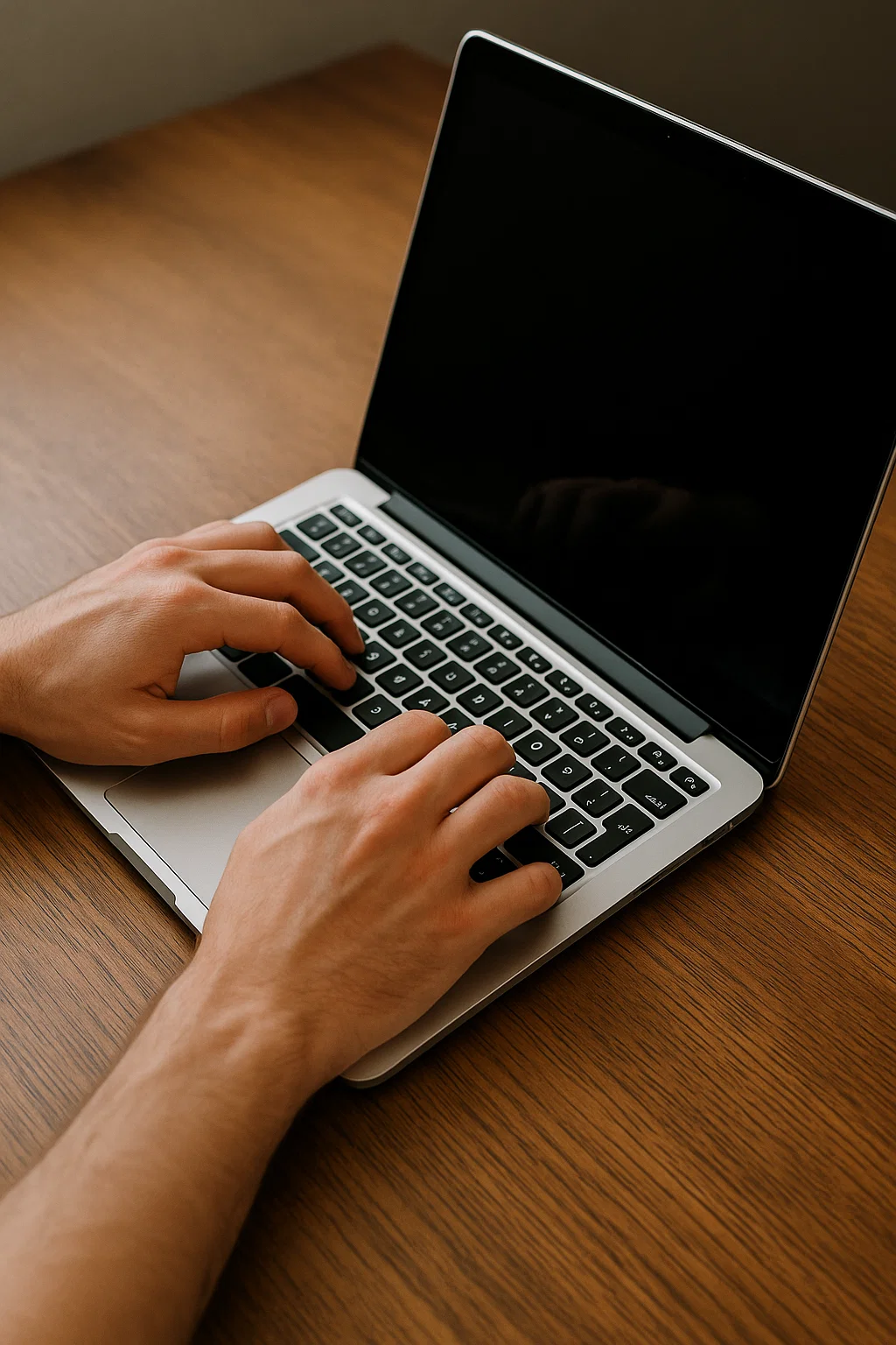Un ordinateur portable ouvert posé sur une surface claire, avec des mains en position de saisie sur le clavier. Le contexte suggère un environnement numérique ou de travail professionnel connecté.