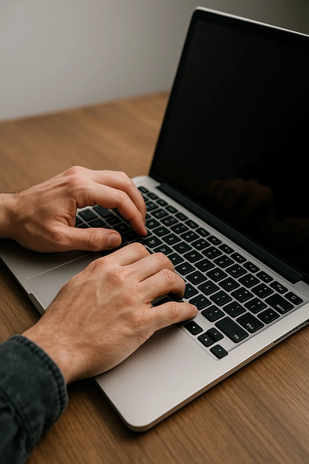 Un ordinateur portable ouvert posé sur un bureau, avec des mains visibles en train de taper. L’environnement est sobre, professionnel, évoquant le contexte du travail numérique.