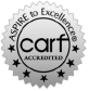 A silver circular seal displaying the text "CARF Accredited" and "Aspire to Excellence."