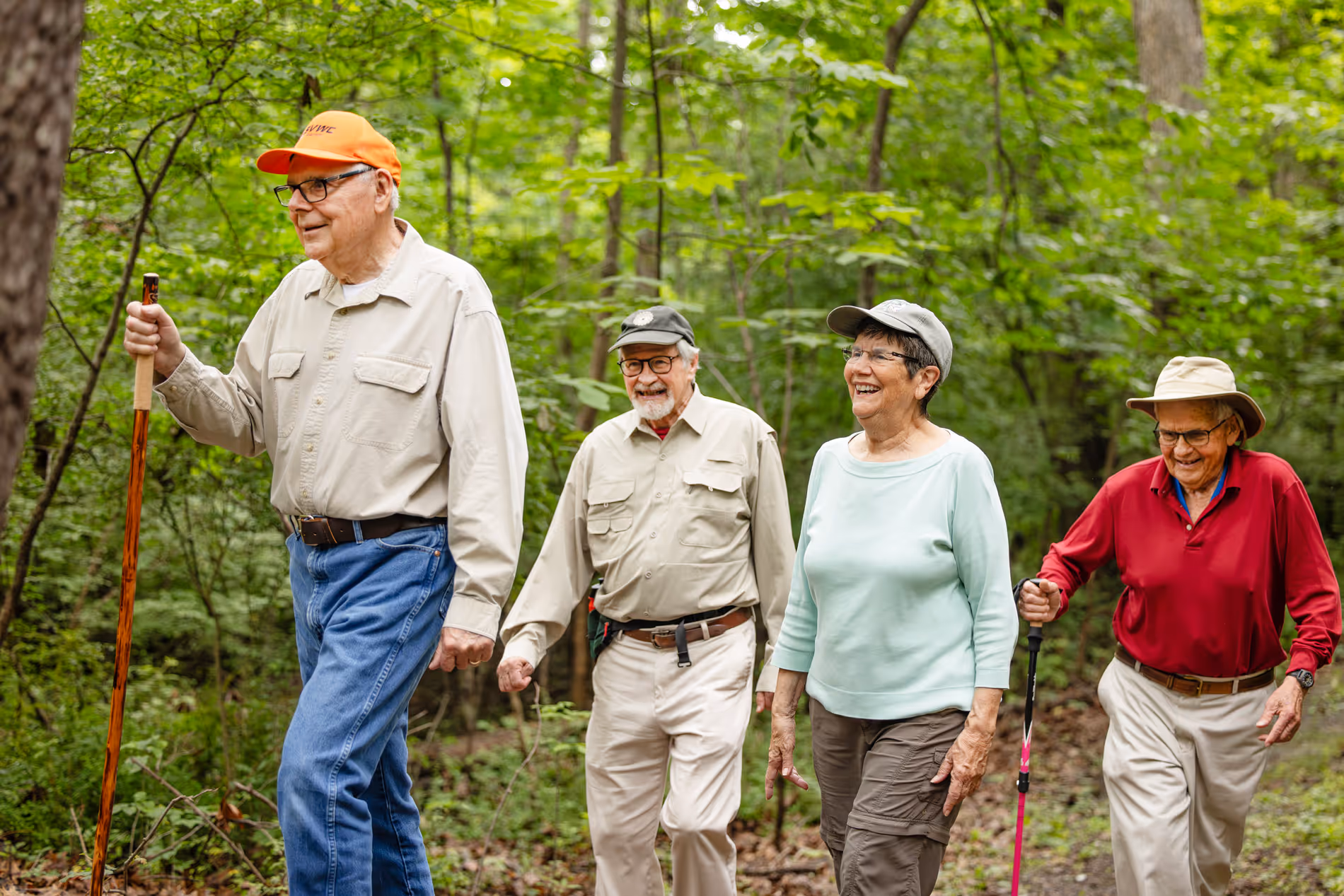 Four elderly adults happily walking together on a forest trail with walking sticks.