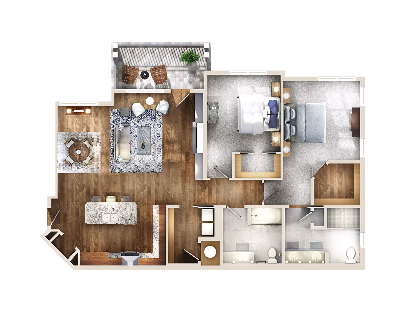 Floor plan of a two-bedroom apartment with a living room, kitchen, dining area, bathrooms, and balcony.