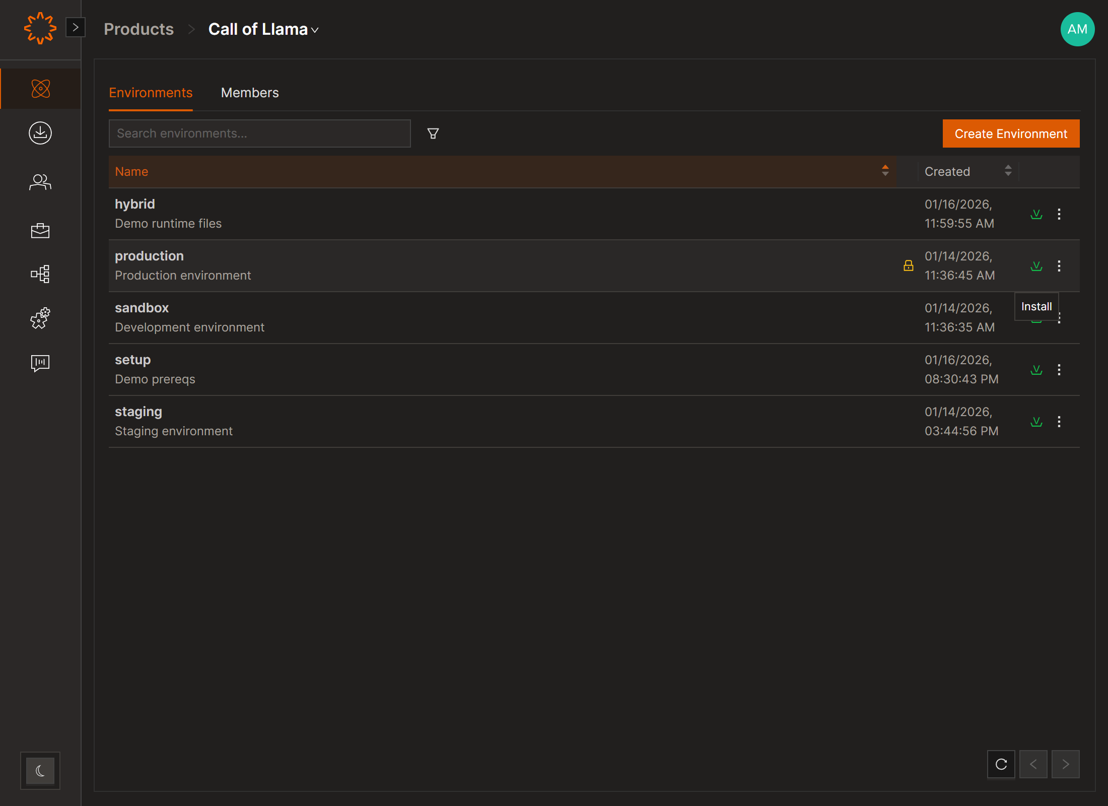Solsta environments list with one-click install