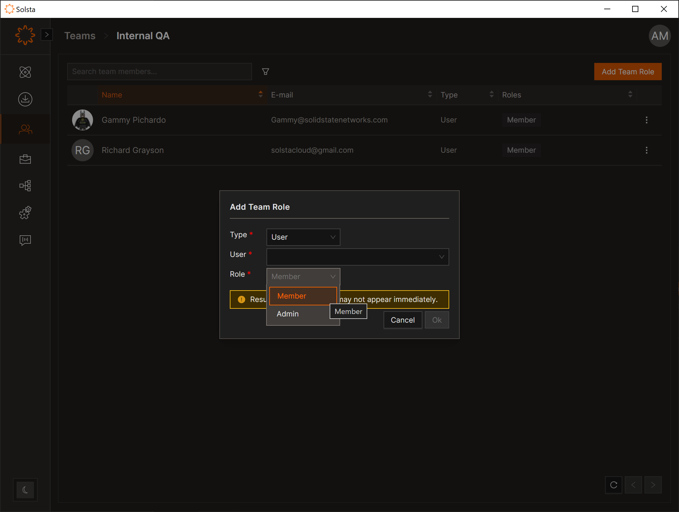 Adding a member to a team with the Member or Admin role in Solsta for an outsourced game development team