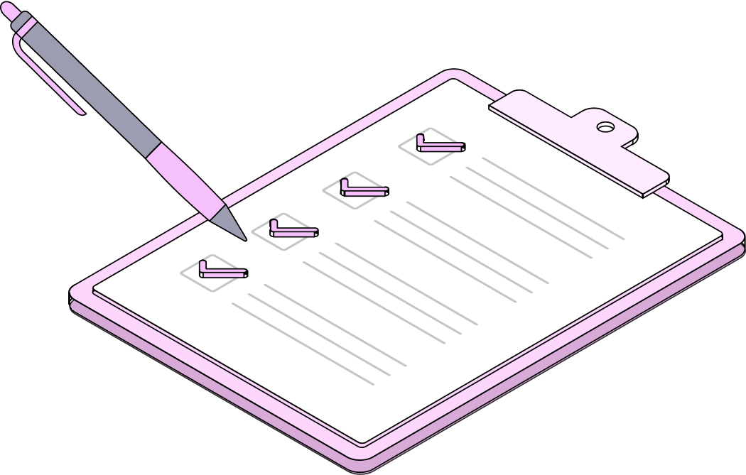 Illustration d'un clipboard rose avec une liste à cocher complète et un stylo rose et gris pointant vers la première case.