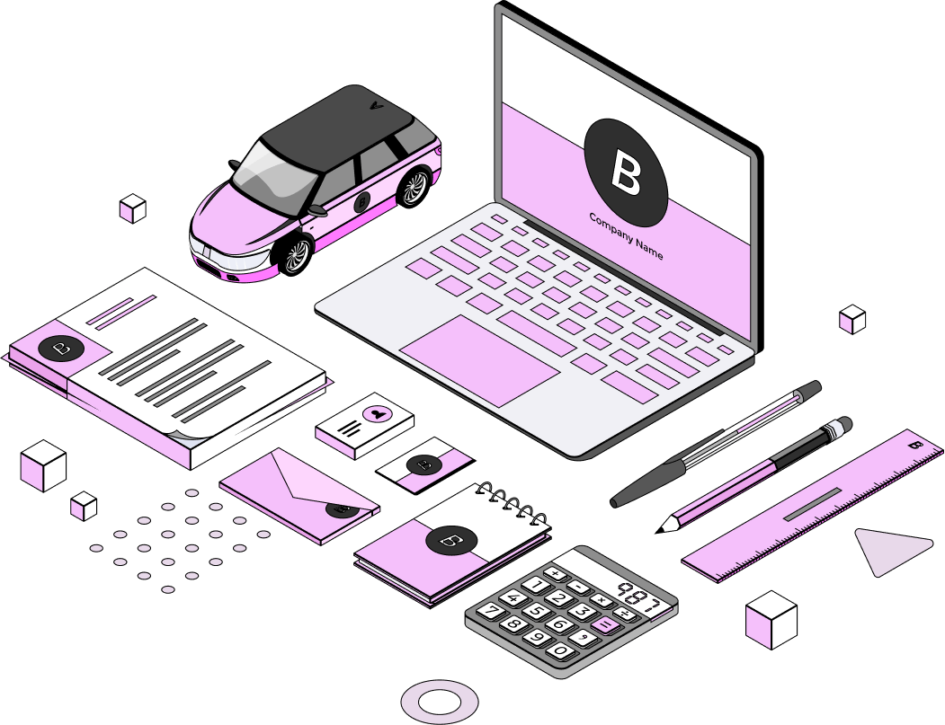 Illustration d'objets de branding d'entreprise comprenant un ordinateur portable, une voiture, des documents, des cartes de visite, un carnet, une calculatrice, des stylos, une règle et une enveloppe, avec un thème couleur rose et noir.