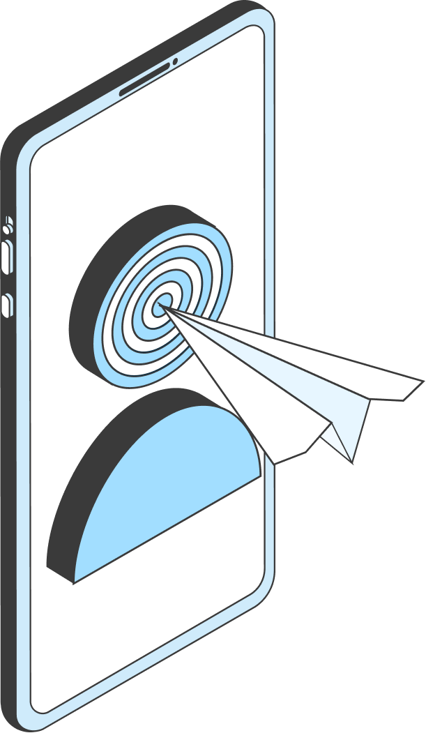 Illustration d'un smartphone avec une cible et un avion en papier atteignant le centre de la cible.