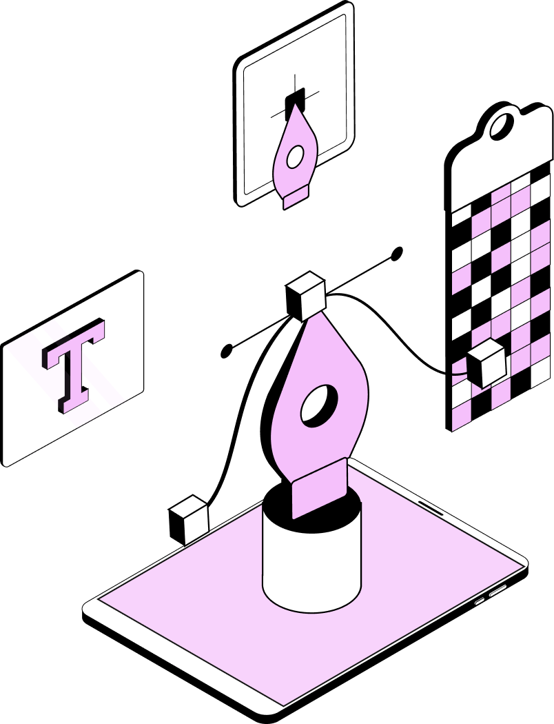 Illustration isométrique d'une tablette avec une plume graphique au centre, entourée d'icônes de texte, de calque et de grille de pixels en violet et blanc.