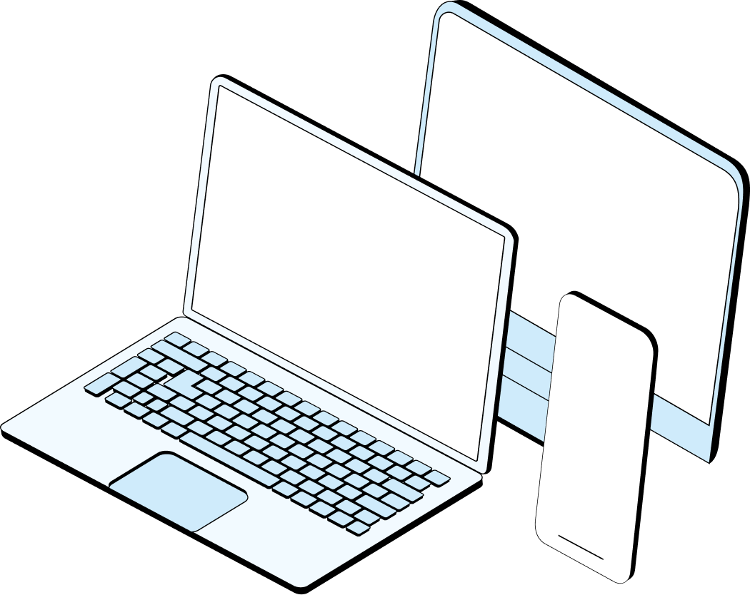 Illustration de trois appareils numériques : un ordinateur portable, un ordinateur de bureau et un smartphone avec des écrans vides.