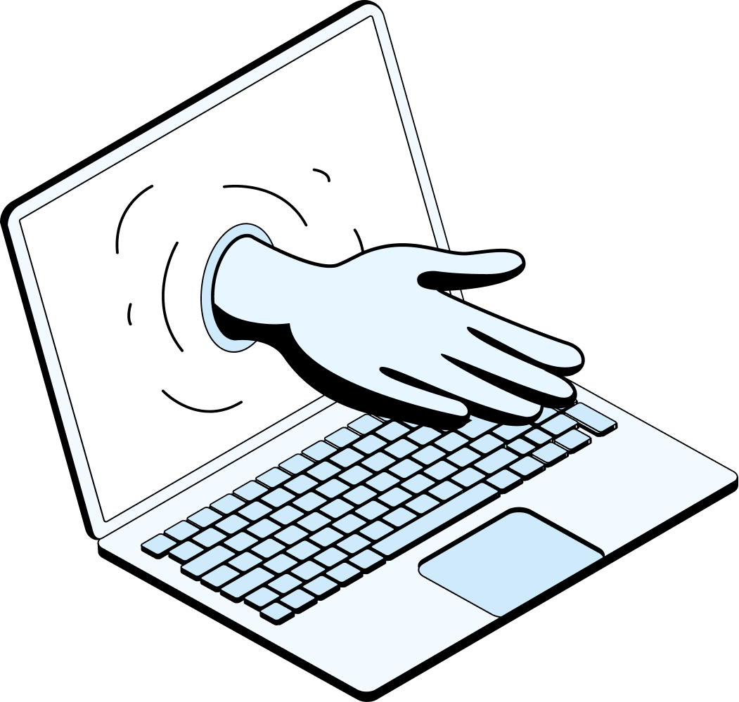 Illustration d'un ordinateur portable d'où sort une main tendue de l'écran.