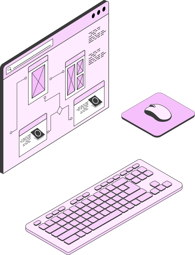 Illustration d'une interface web de création de sites avec un clavier et une souris sur un tapis.