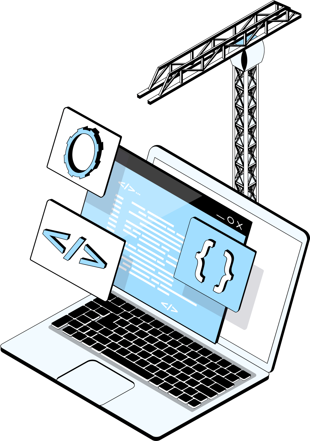 Illustration d’un ordinateur portable avec du code source à l'écran et un pont roulant symbolisant la construction de développement logiciel sur mesure.