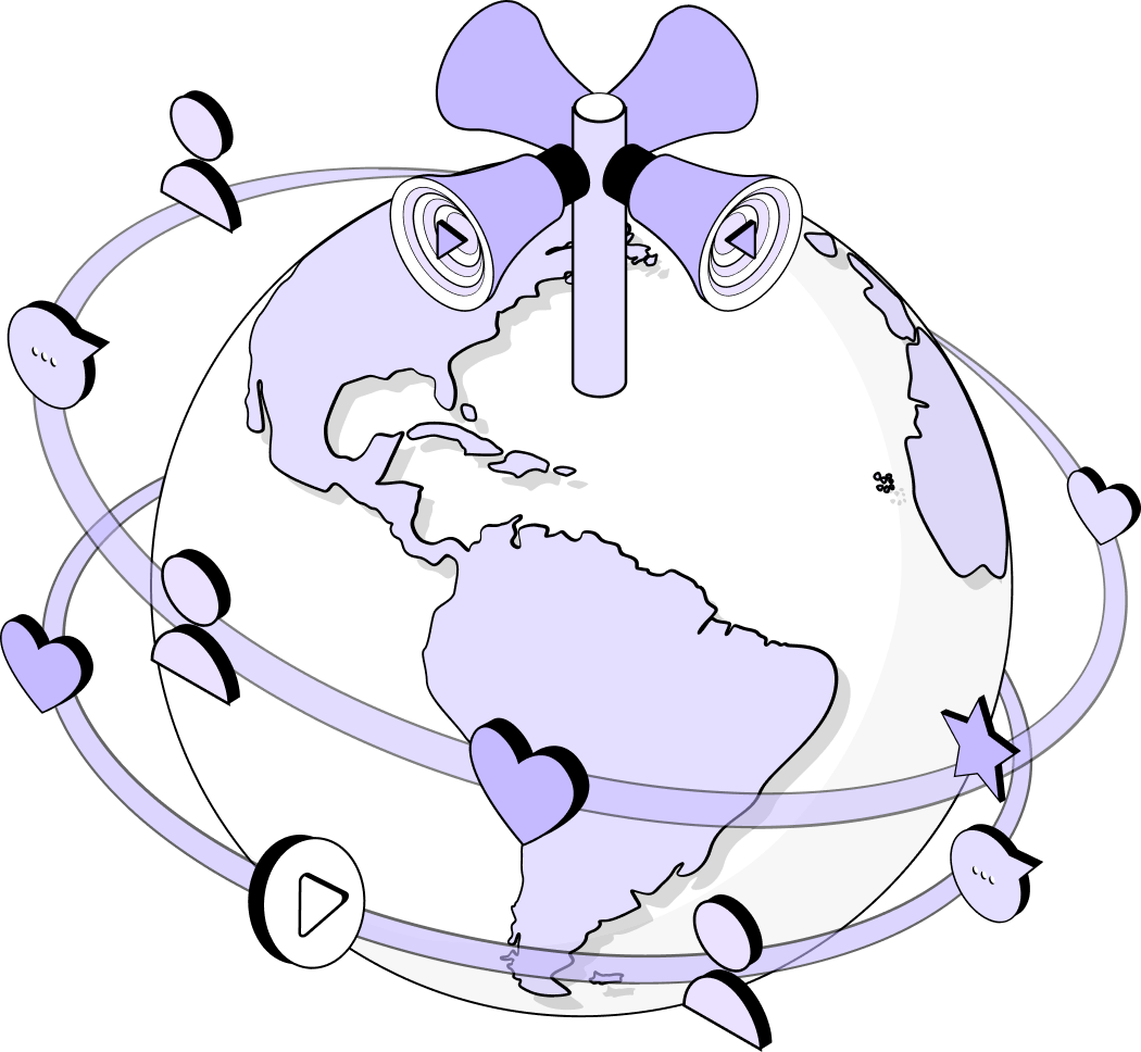 Illustration de la Terre avec des icônes de personnes, cœurs, étoiles, bulles de discussion et symboles de lecture connectés autour pour représenter l'interaction communautaire.