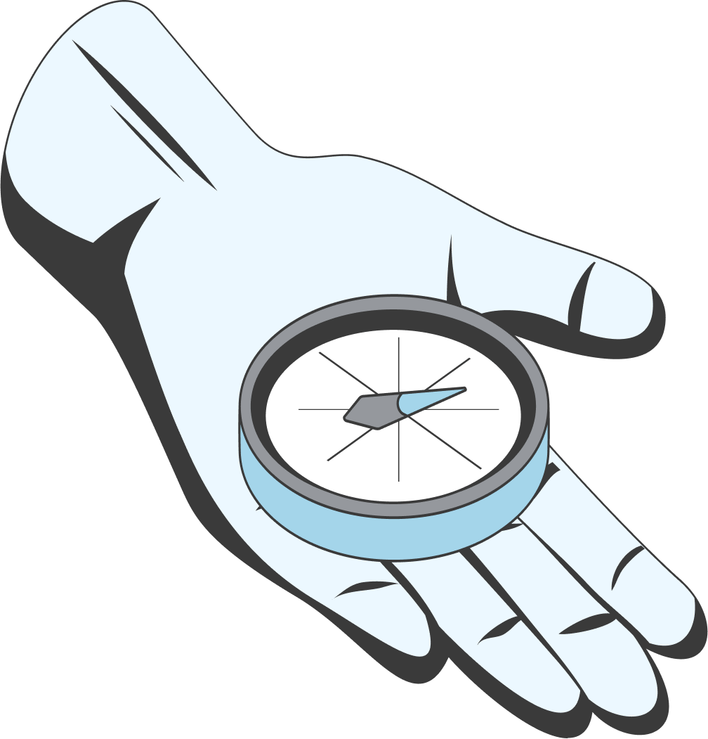 Illustration d'une main ouverte tenant une boussole bleue.