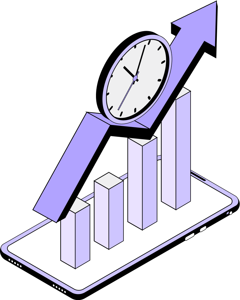 Graphique en barres sur un smartphone avec une flèche ascendante intégrant une horloge, symbolisant la croissance dans le temps.