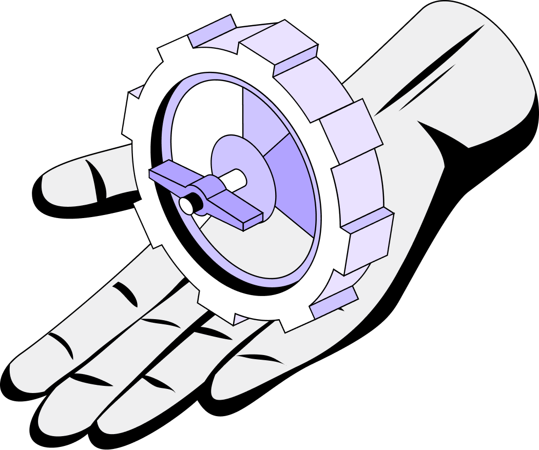 Une main blanche tenant une roue dentée stylisée avec un cadran d'horloge violet à l'intérieur.