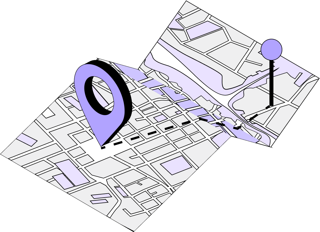 Carte stylisée avec deux points de localisation violets reliés par une ligne pointillée noire indiquant un itinéraire.