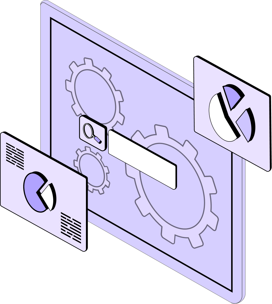 Illustration d'un écran d'ordinateur avec des engrenages et une barre de recherche, accompagné de graphiques circulaires flottants.