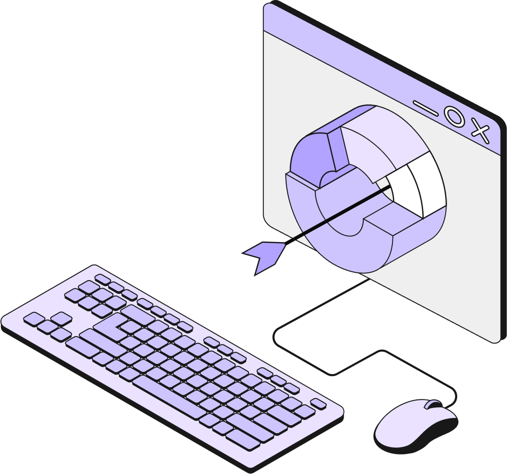 Illustration montrant un clavier et une souris reliés à un écran affichant un graphique en anneau avec une flèche au centre, symbolisant la stratégie digitale.