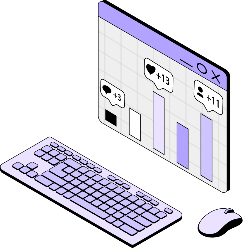 Illustration d'un clavier, d'une souris et d'un écran affichant un graphique en barres avec des icônes de commentaires, de likes et d'utilisateurs.