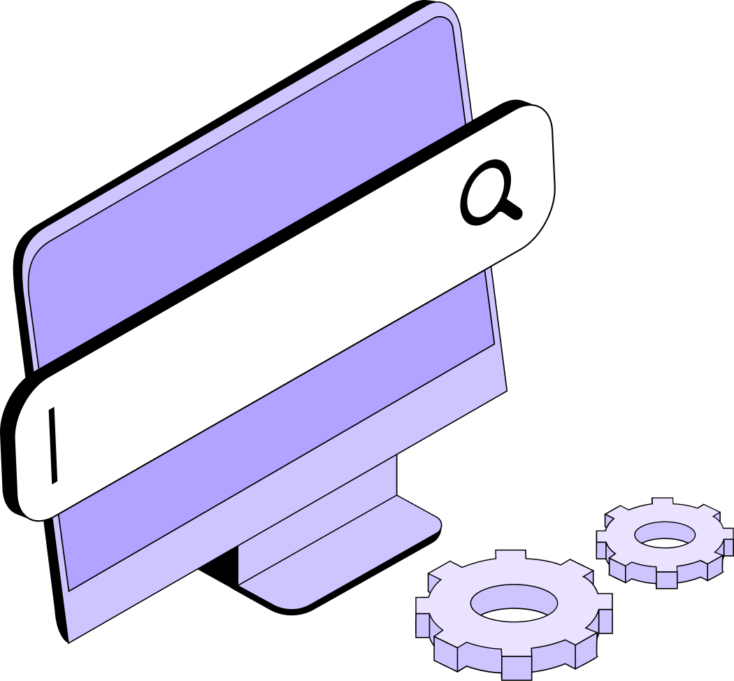 Illustration d'un écran d'ordinateur avec une barre de recherche et deux roues dentées symbolisant l'optimisation et la visibilité en ligne.