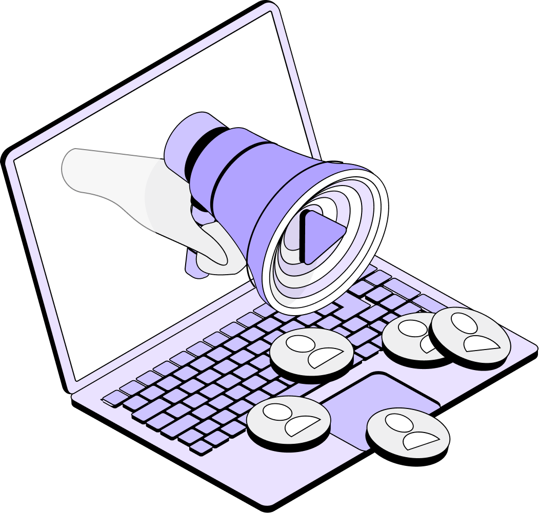 Main droite sortant d’un écran d’ordinateur portable tenant un mégaphone avec une icône de lecture, entouré de pièces montrant des profils d’utilisateurs.