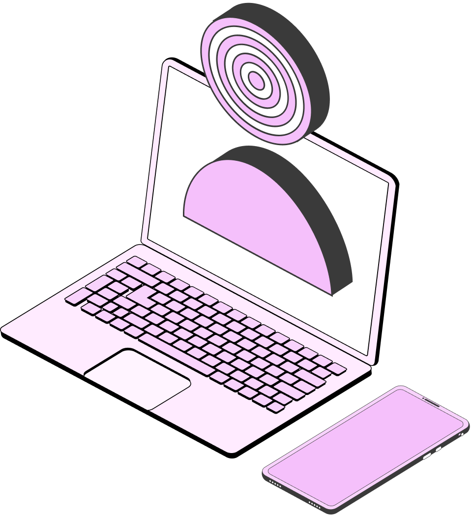 Illustration d’un ordinateur portable avec un demi-cercle et une cible en 3D qui flottent au-dessus de l’écran, à côté d’un smartphone.