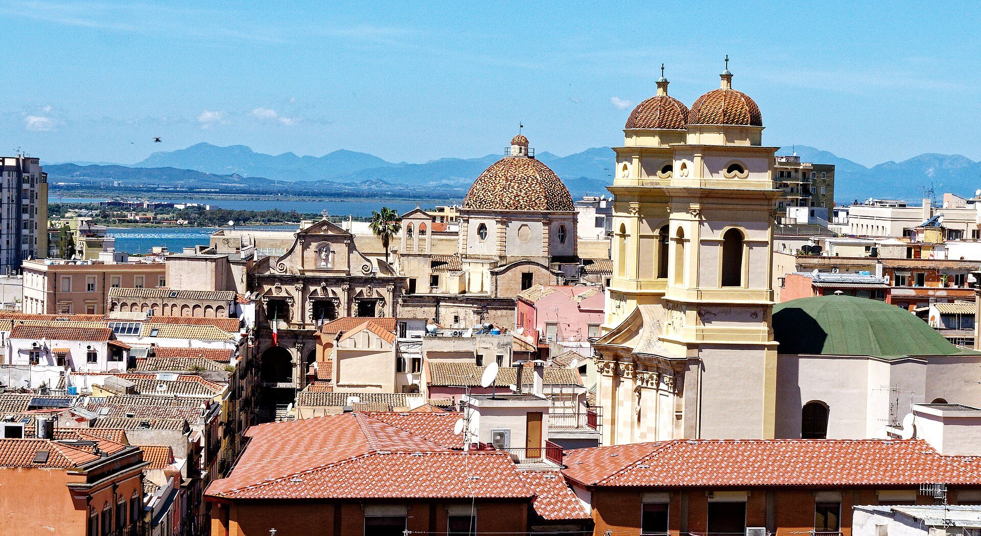 Rooftops and domes of Cagliari above the Gulf of Angels