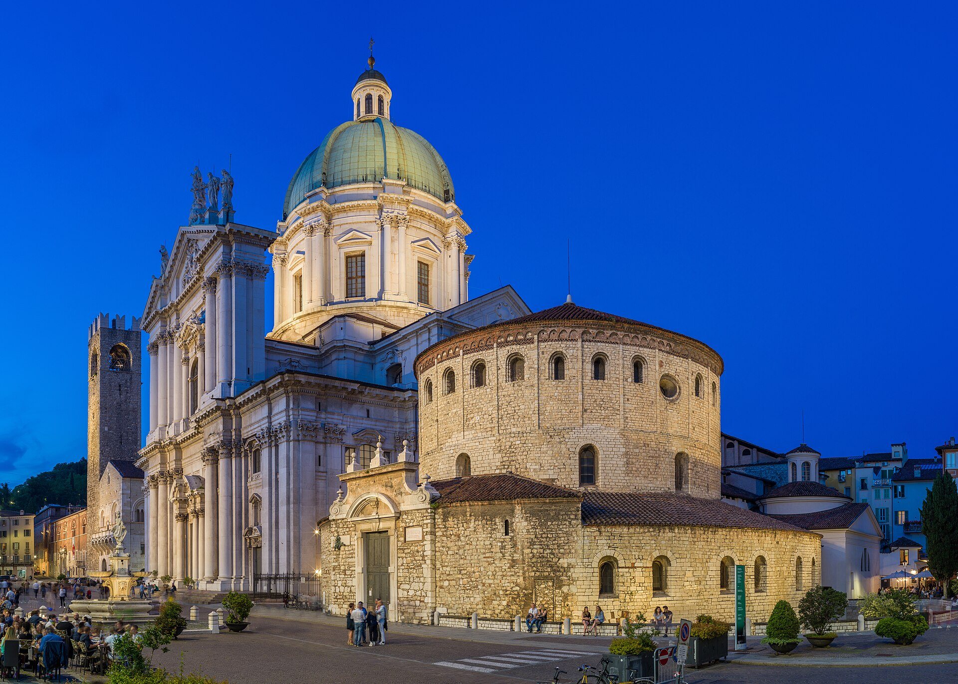 The Old and New Cathedrals of Brescia at dusk