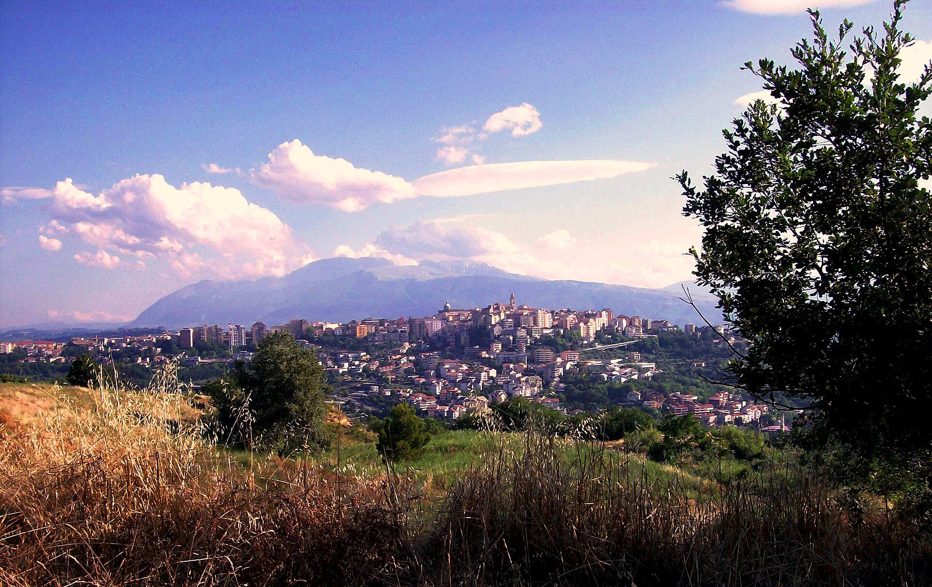 Chieti on its hill, with the Majella mountains behind