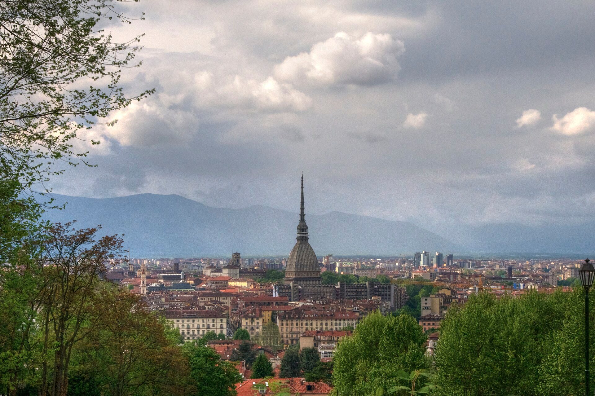 Turin and the Mole Antonelliana with the Alps behind