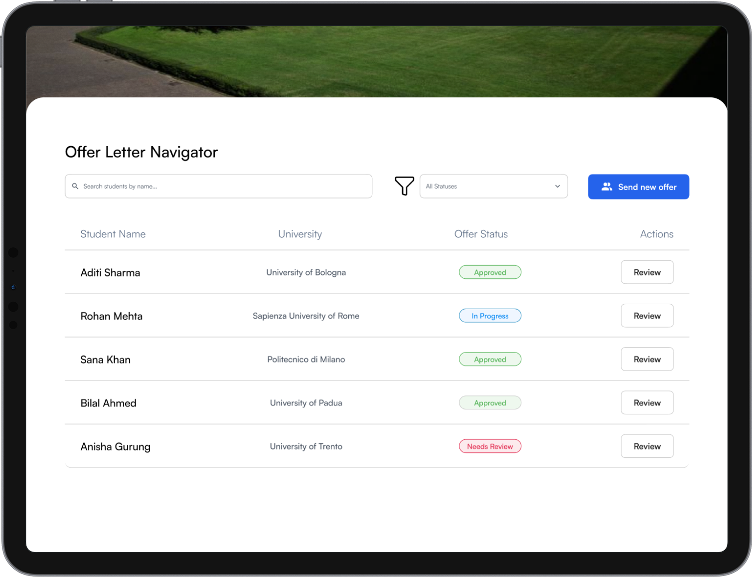 ApplyAZ dashboard: Manage Offer Letters