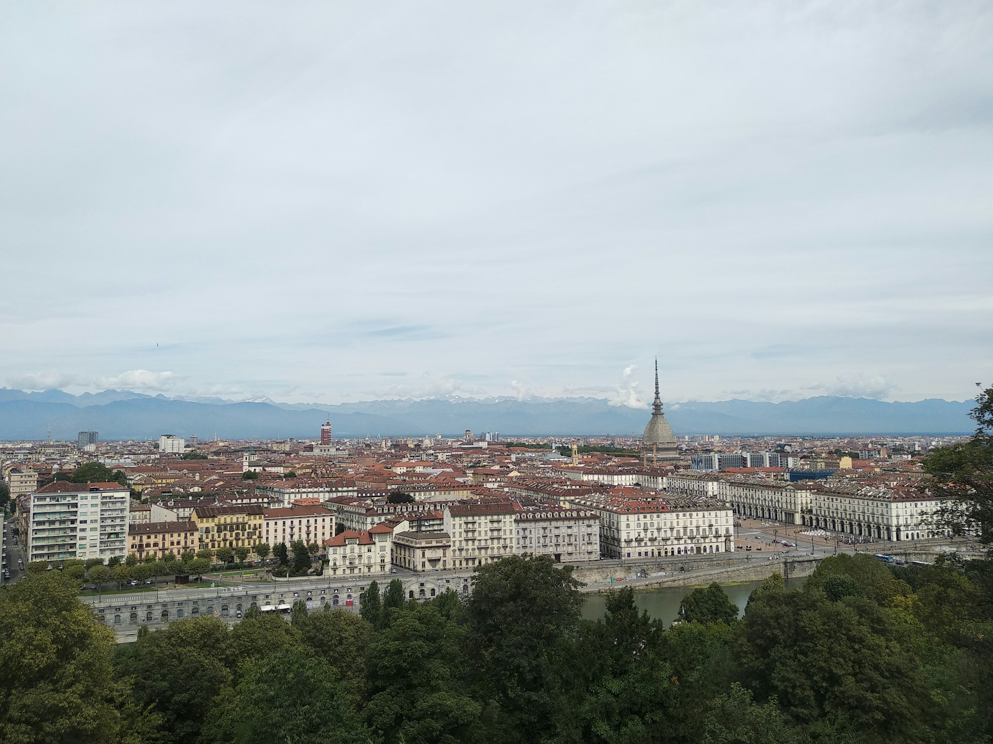 Turin skyline with the Mole Antonelliana spire and the Alps behind