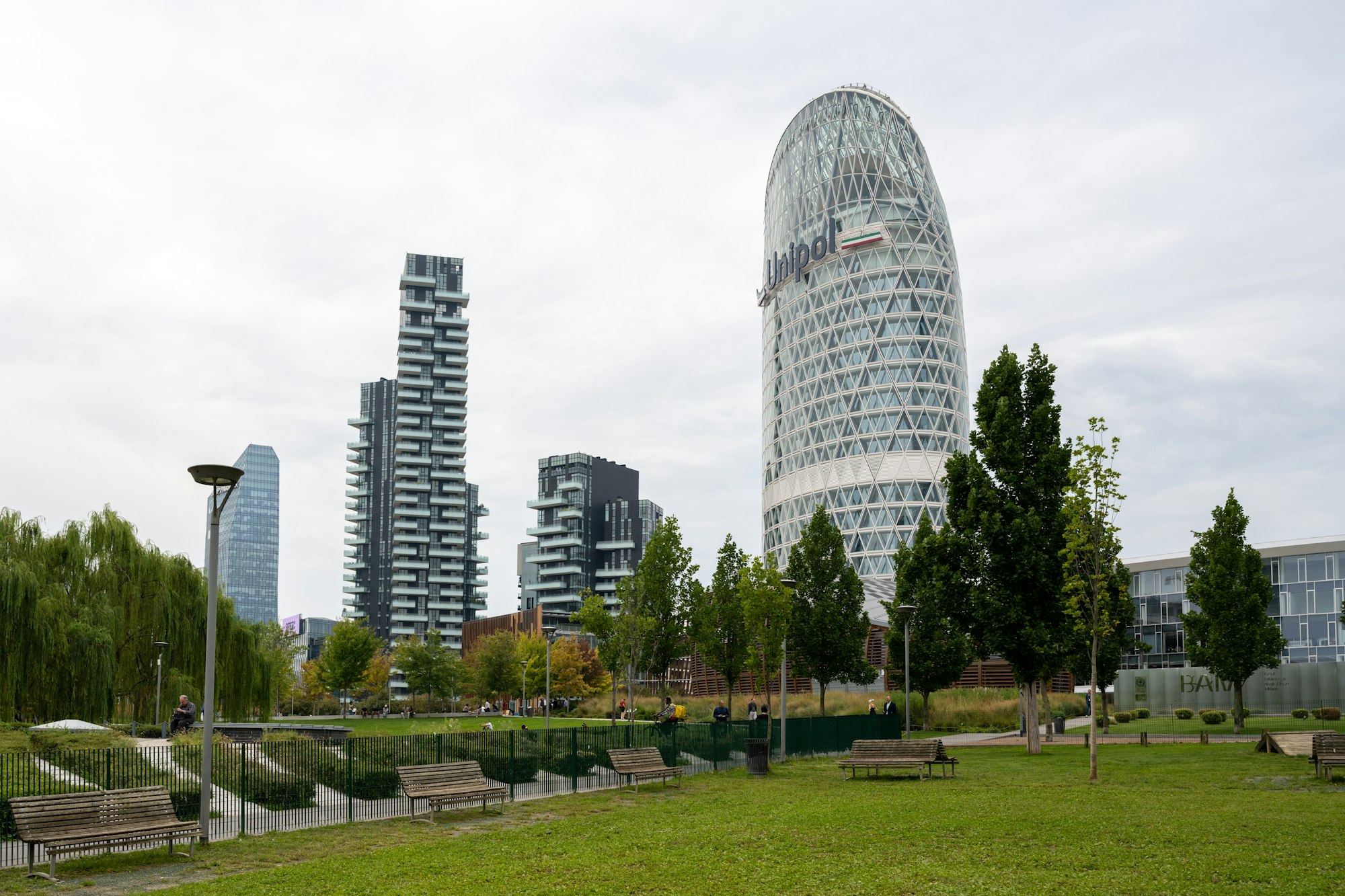 Porta Nuova skyscrapers and the Bosco Verticale above a park in Milan