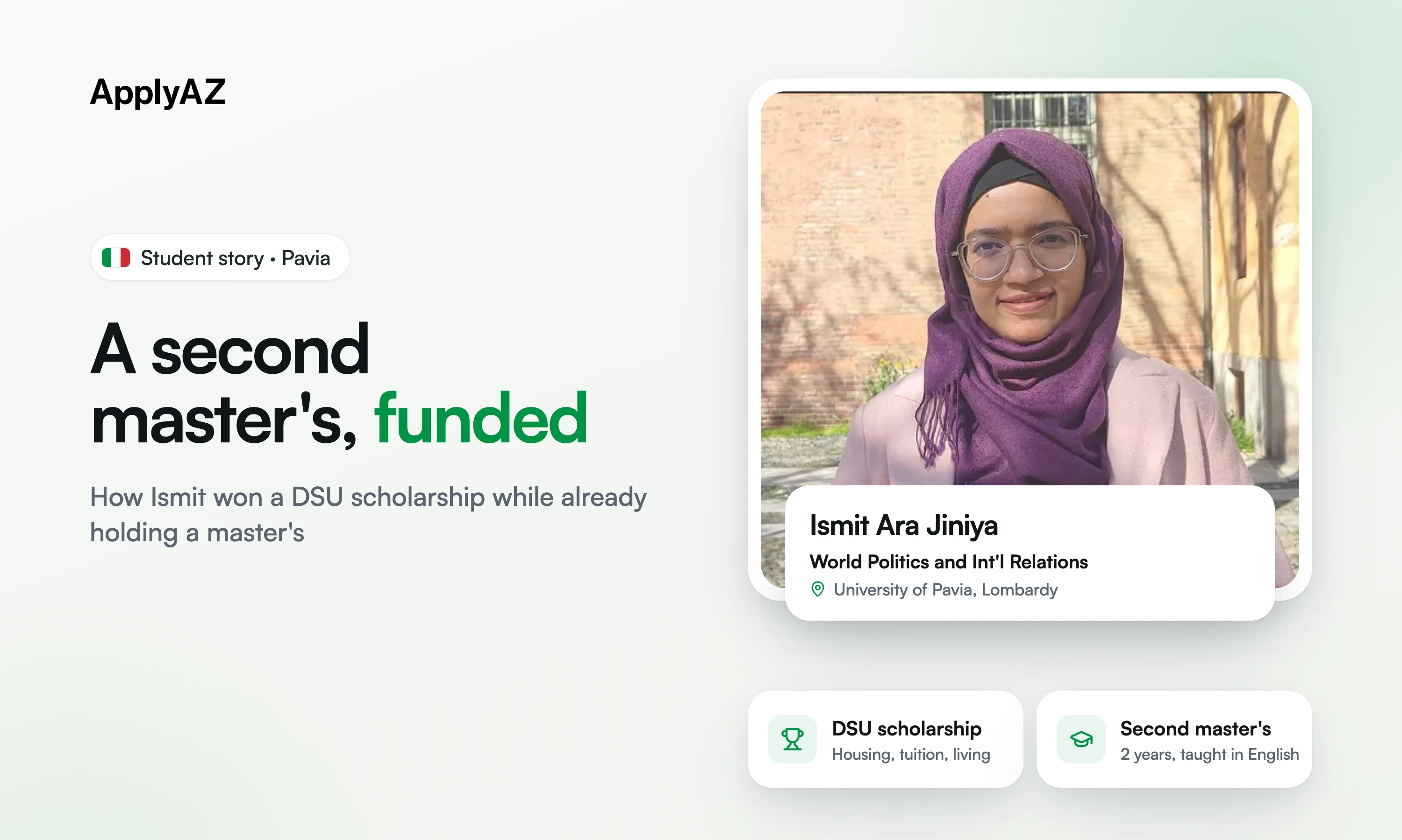 Student story: Ismit Ara Jiniya, a second master's in World Politics and International Relations at the University of Pavia, funded by a DSU scholarship
