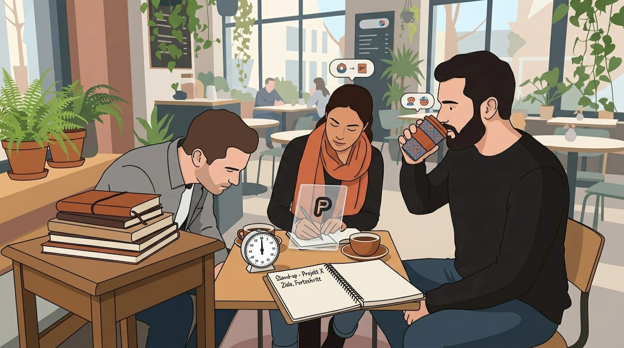 Kurzes Team-Meeting im offenen Bürobereich