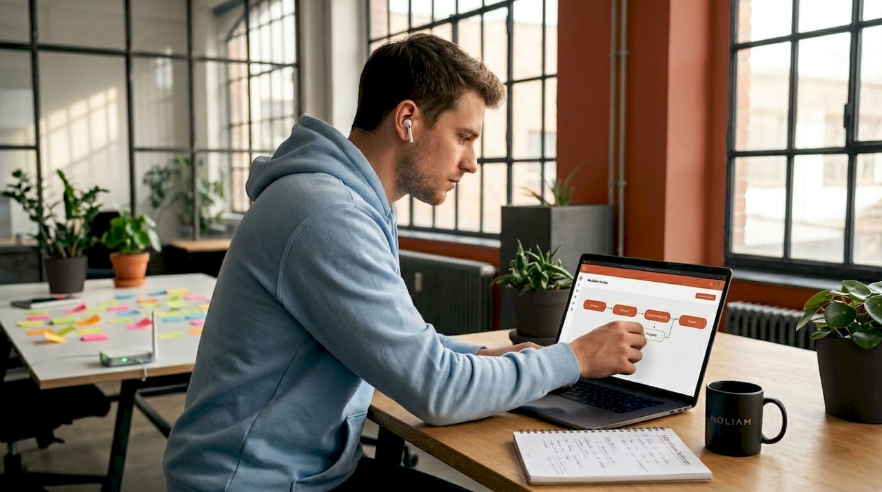 Ein Mann erstellt am Laptop visuelle Arbeitsabläufe.