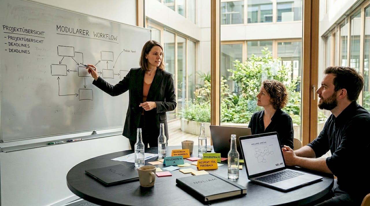 Das Team bespricht am Whiteboard, wie der modulare Arbeitsablauf gestaltet werden kann.