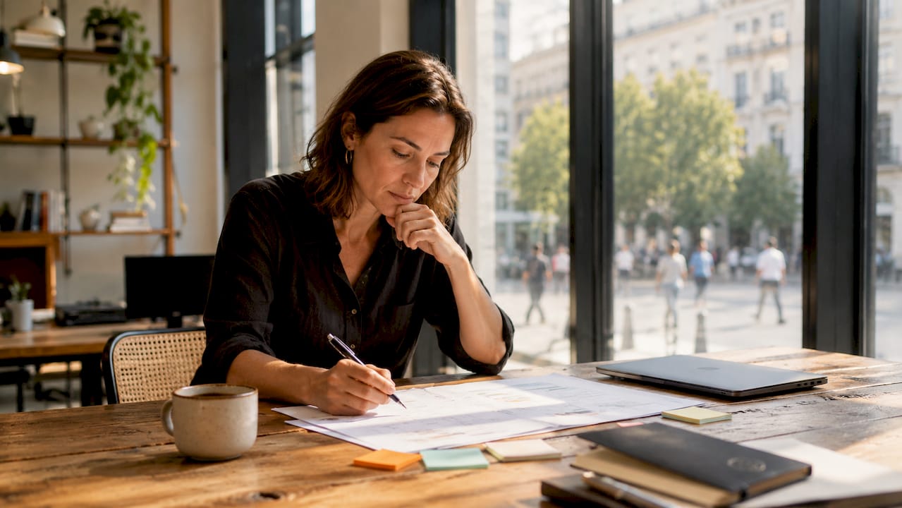 Eine Frau sitzt am Schreibtisch und prüft Unterlagen, um den Arbeitsablauf zu optimieren.
