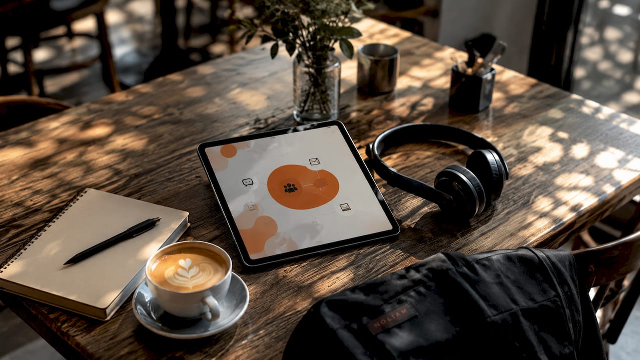 Modern ausgestatteter Arbeitsplatz mit allen wichtigen Tools für die digitale Kommunikation