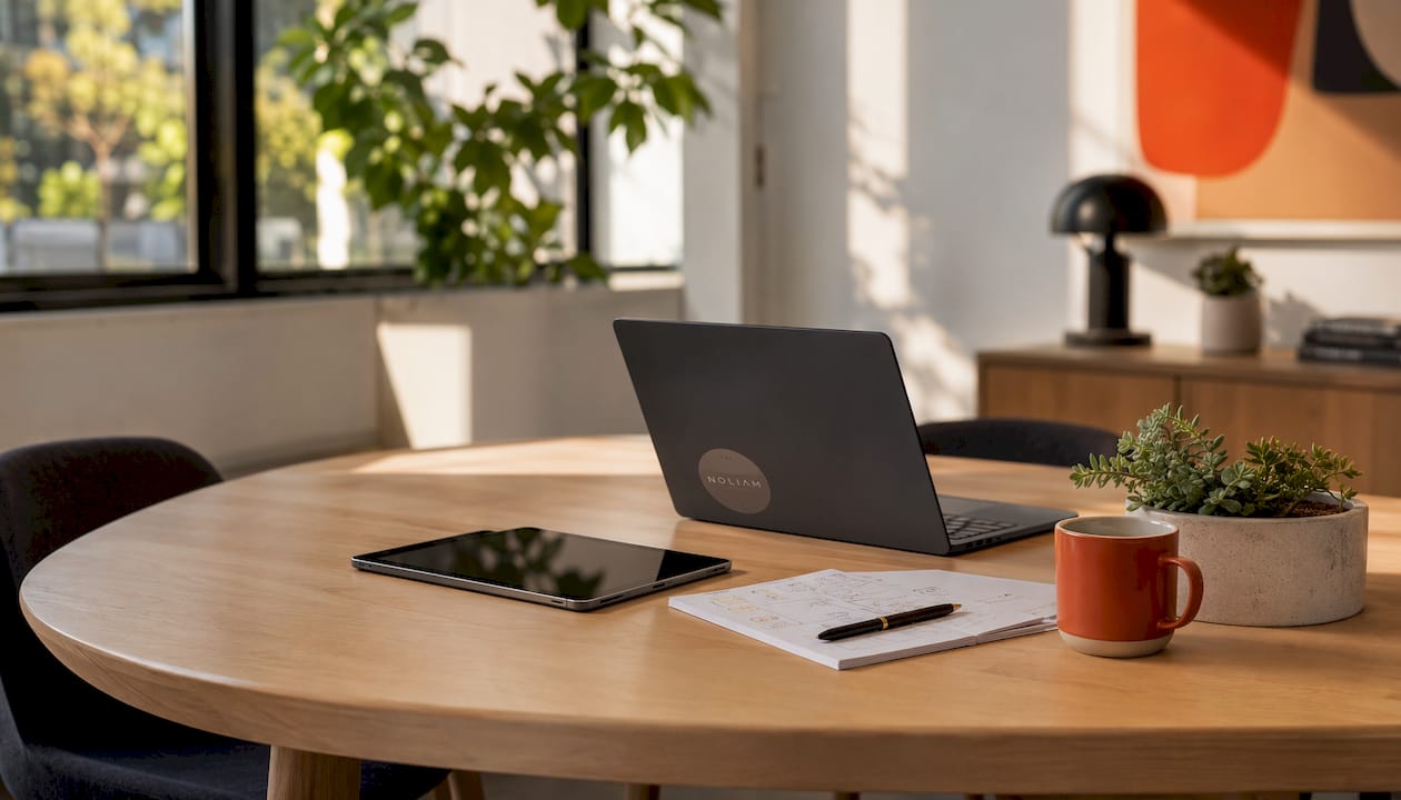 Arbeitsbereich mit Besprechungsunterlagen und technischen Geräten