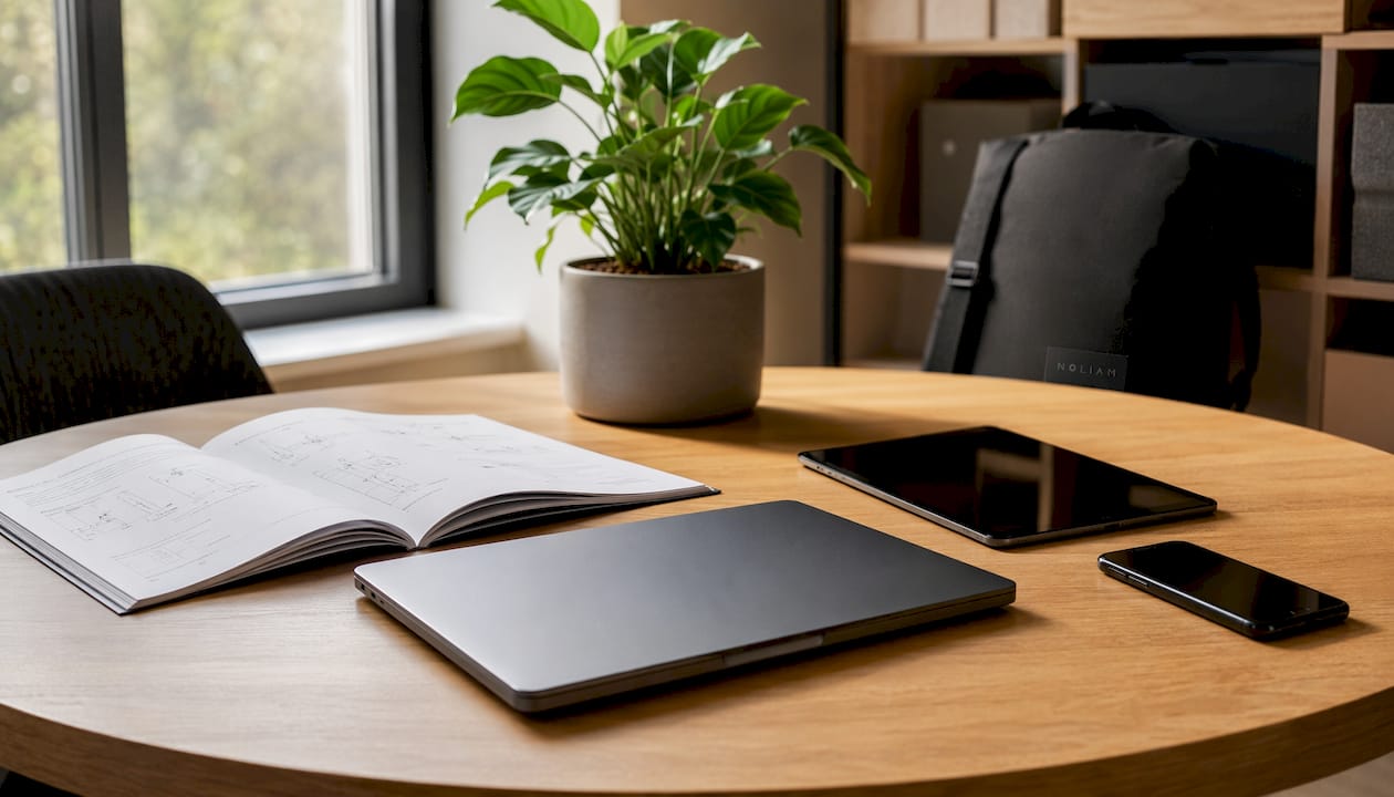 Modern ausgestatteter Arbeitsplatz mit digitalen Endgeräten und elektronischen Unterlagen