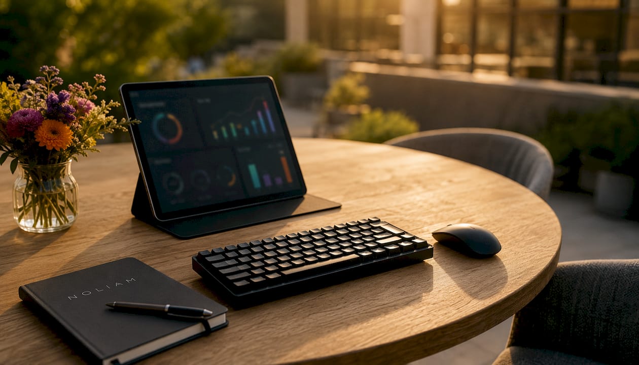 Detailansicht eines Schreibtischs mit Tablet und geöffnetem KPI-Dashboard