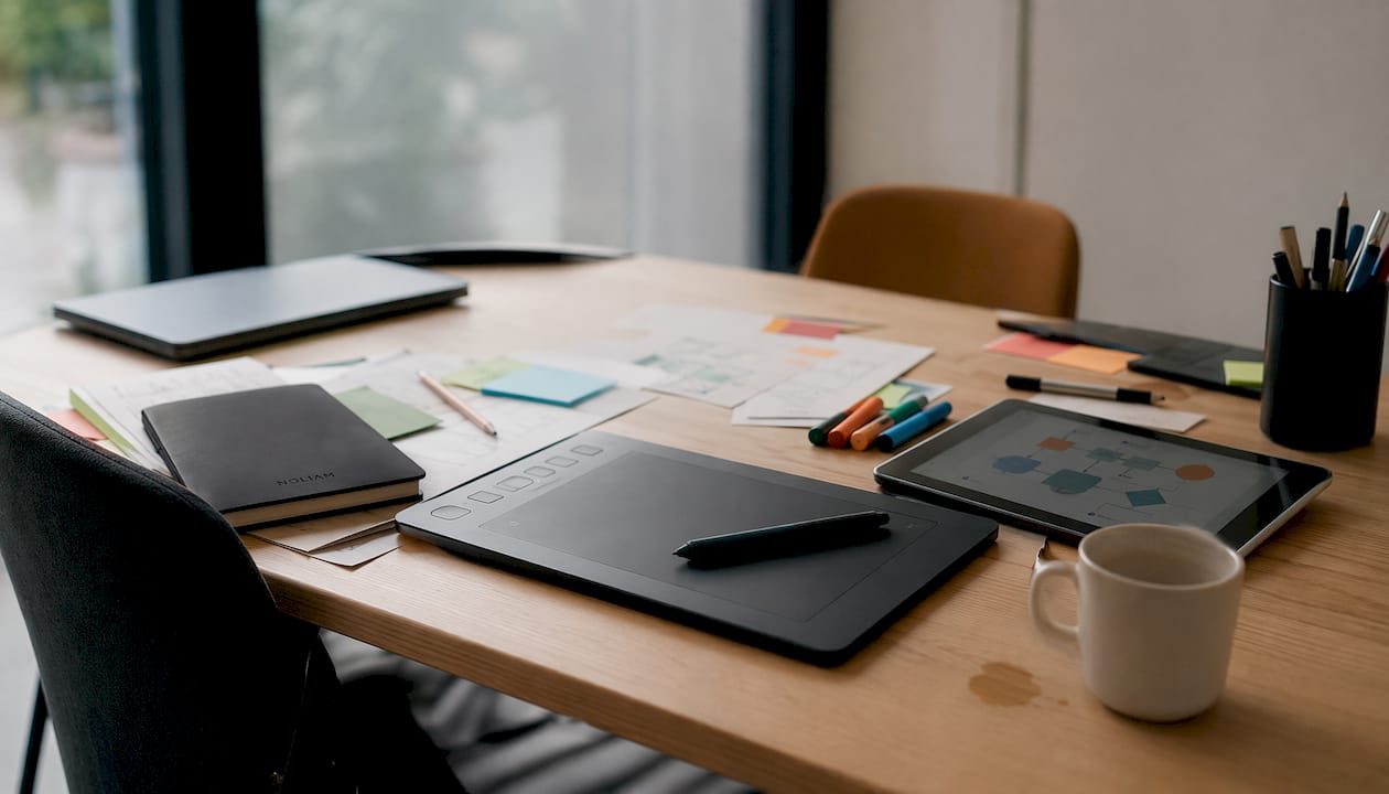 Moderner Arbeitsplatz mit Tablet und übersichtlichem Ablaufdiagramm