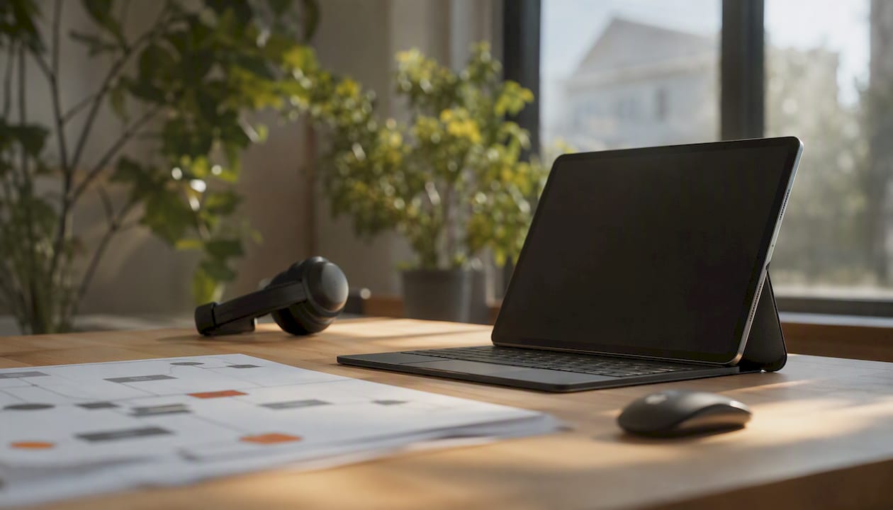 Modern eingerichteter Schreibtisch mit digitaler Automatisierung – sämtliche Details zum Setup im Überblick