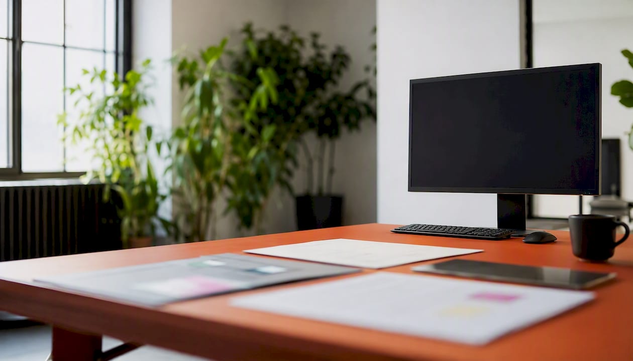 Nahaufnahme eines digitalen Workflow-Boards mit angedeuteten Peripheriegeräten im Hintergrund