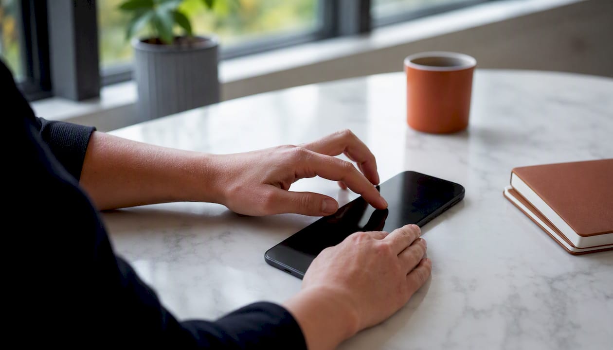 Hände bedienen digitale Steuerungselemente auf dem Schreibtisch.