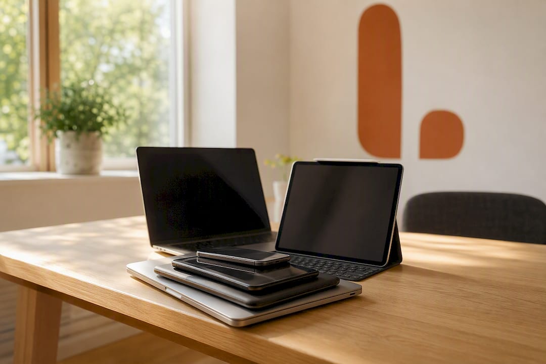 Arbeitsplatz mit mehreren digitalen Tools für Multitasking