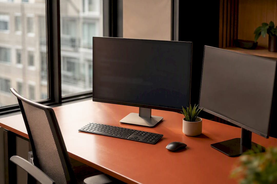 Schreibtisch mit digitalem Dashboard, das den Fortschritt anzeigt
