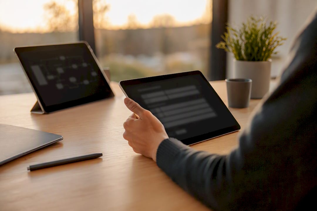 Hand, die mit Tablet im Arbeitsbereich interagiert